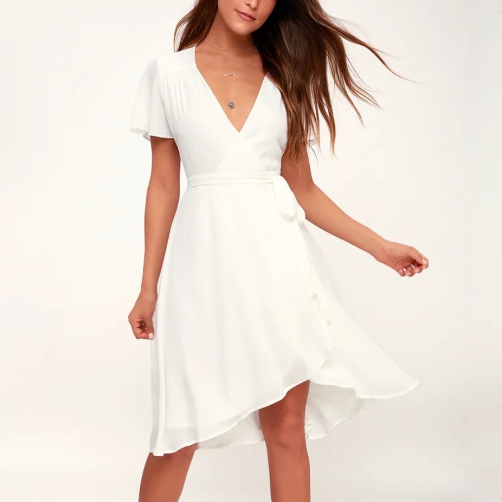 Lulu’s Rise to the Occasion White Midi Wrap Dress